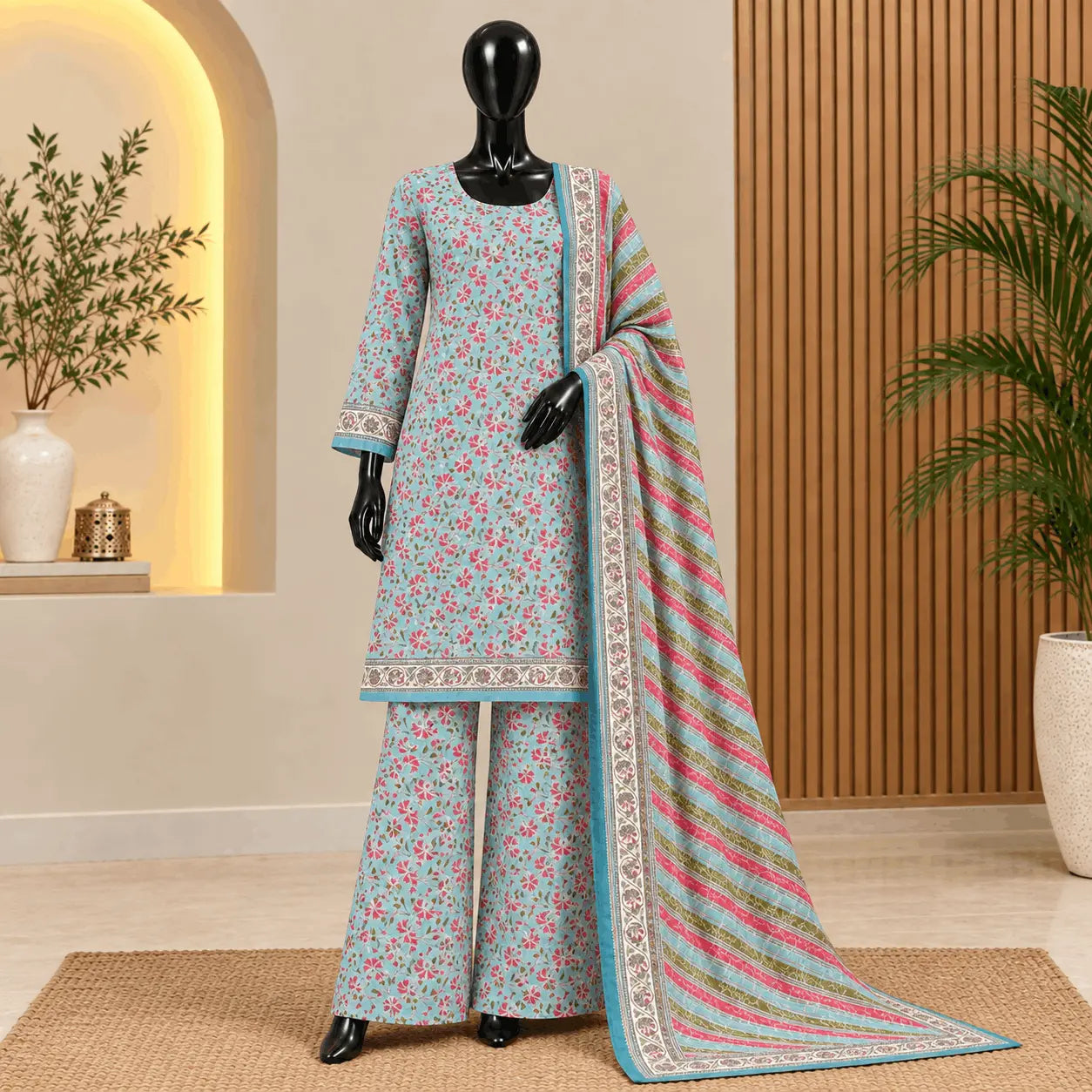 Aqua Floral Printed Khaddar 3 Piece Suit | Bin Saeed 2026