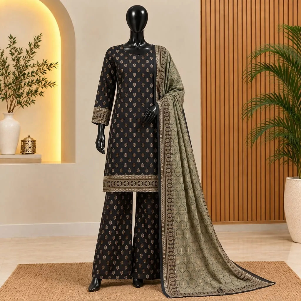 Bin Saeed Black &amp; Olive Printed Khaddar 3-Piece Suit | Winter Collection 2026