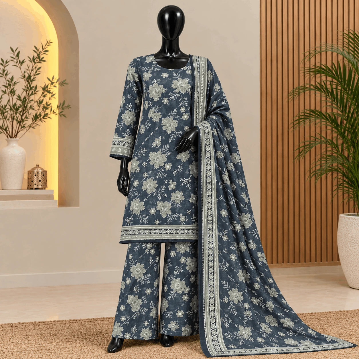 Bin Saeed Blue Floral Khaddar 3 Piece Suit 2026 – Winter Collection