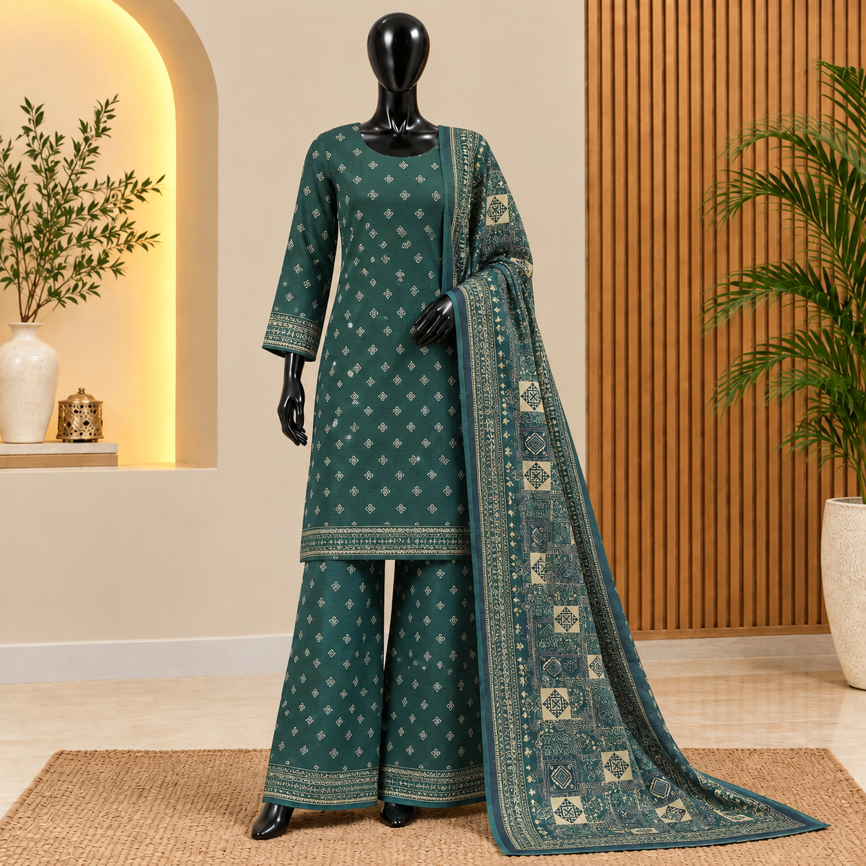 Bin Saeed Green Printed Khaddar 3 Piece Suit with Dupatta – Winter Collection 2026