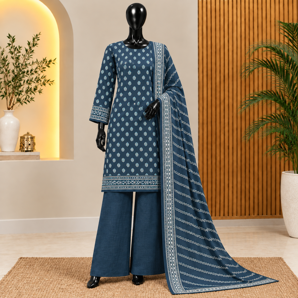 Bin Saeed Indigo Blue Printed 3 Piece Khaddar Suit – Winter Collection 2026