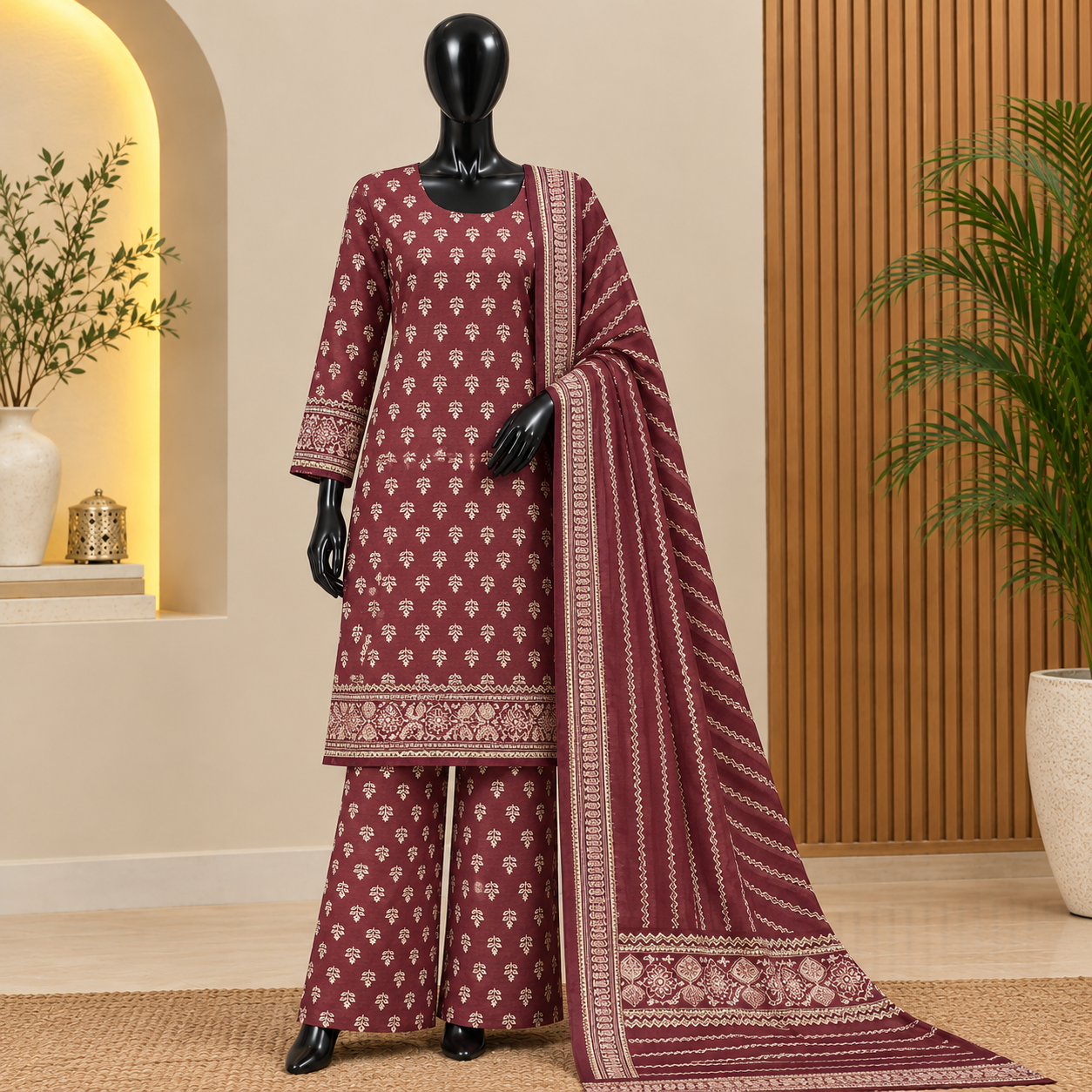 Bin Saeed Maroon Khaddar 3 Piece Printed Suit 2026