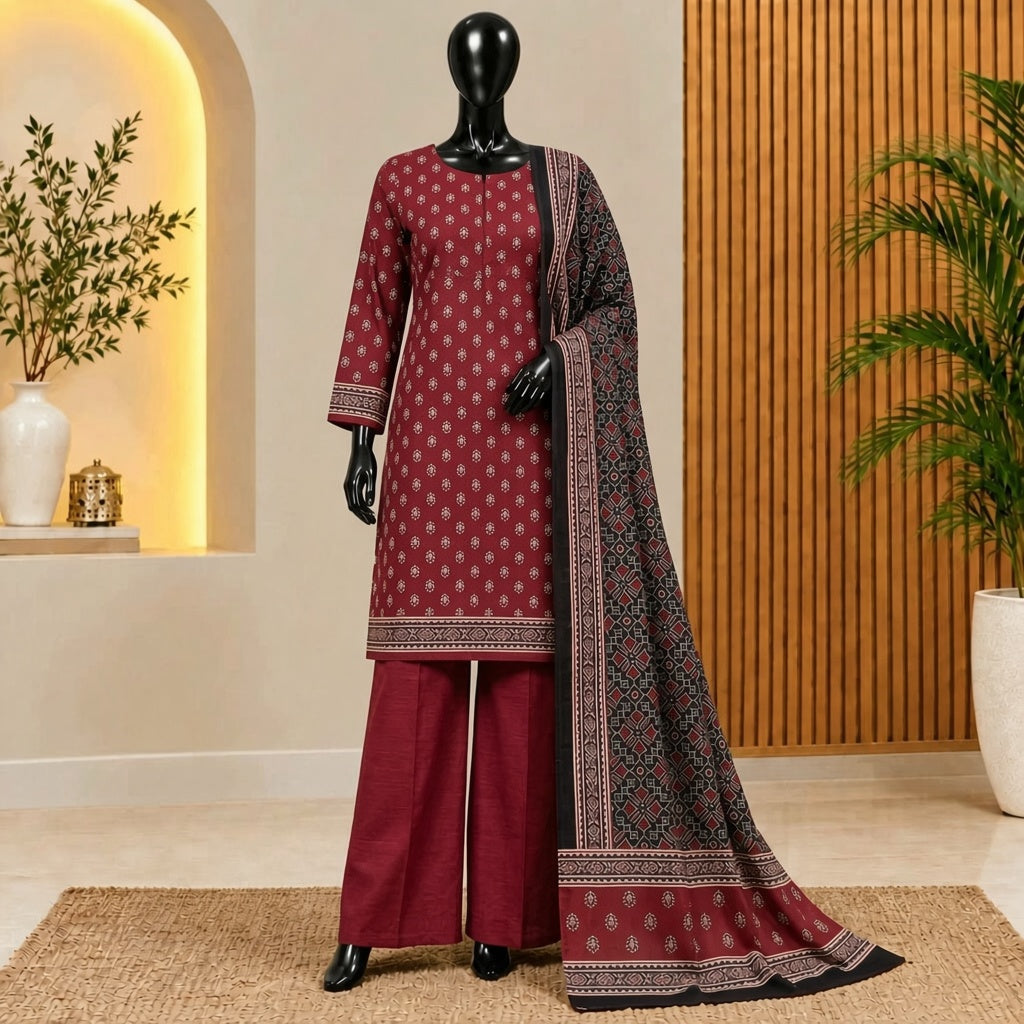 Bin Saeed Maroon Printed Khaddar 3 Piece Suit – Winter Collection 2026