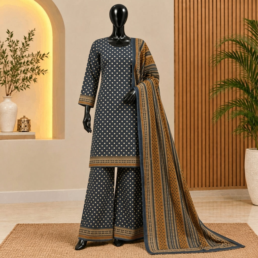 Bin Saeed Navy Blue Printed Khaddar 3 Piece Suit with Mustard Dupatta – Winter Collection 2026