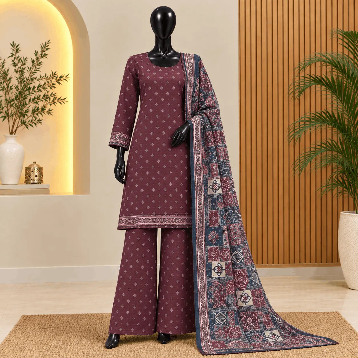 Bin Saeed Plum & Blue Printed Khaddar 3-Piece Suit | Winter 2026
