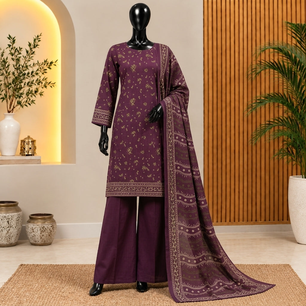 Bin Saeed Plum Purple Printed 3 Piece Khaddar Suit – Winter Collection 2026