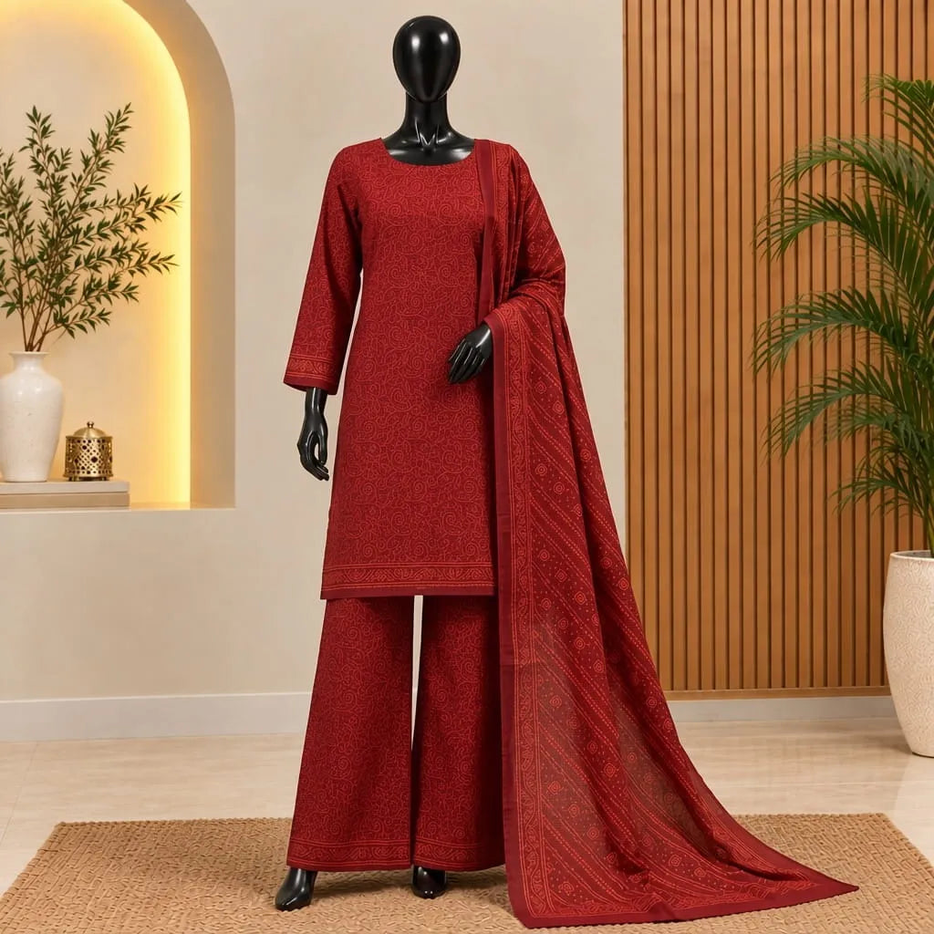 Bin Saeed Ruby Red Printed Khaddar 3-Piece Suit | Winter 2026