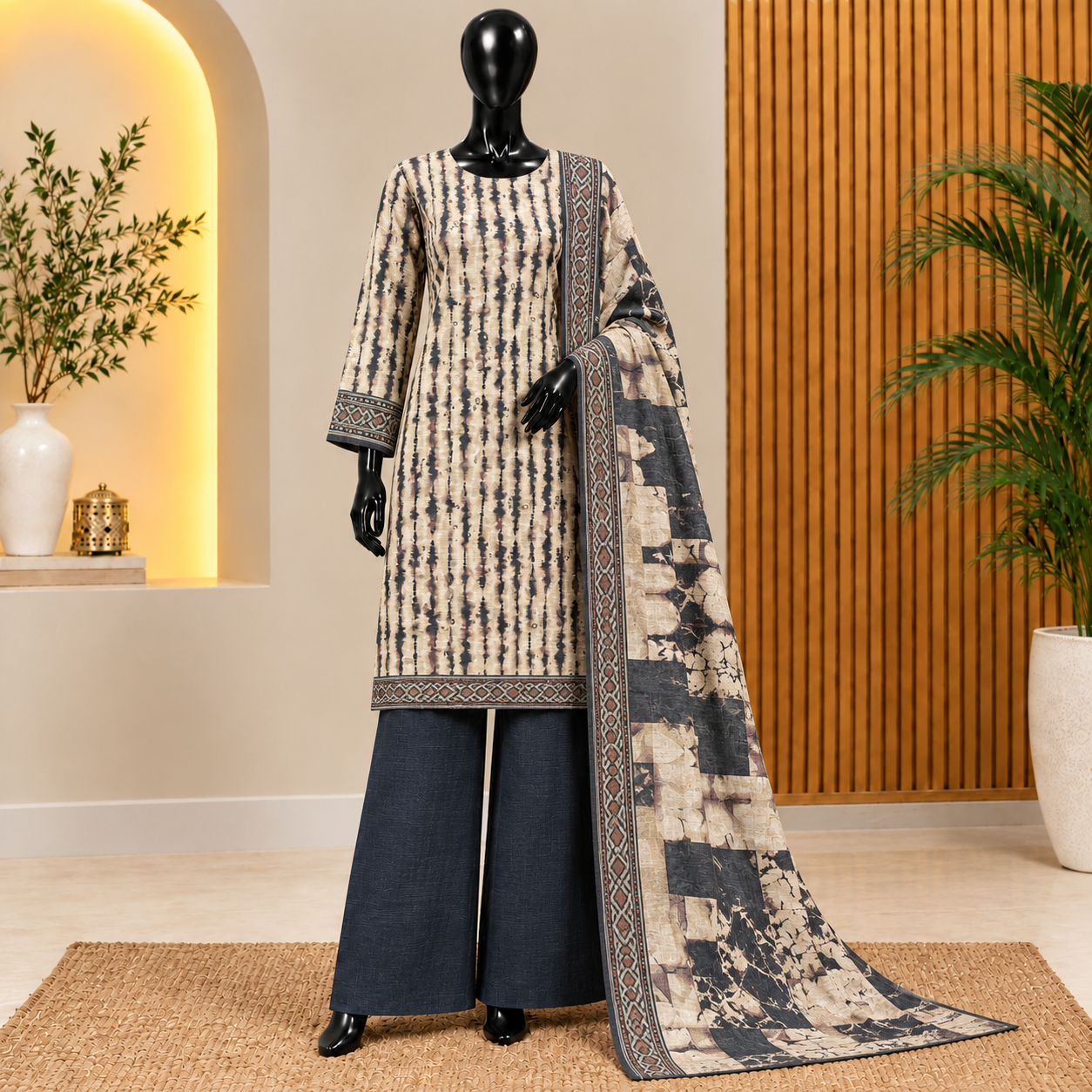 Bin Saeed Winter Khaddar 3-Piece Suit – Beige &amp; Charcoal Black Printed Collection 2026