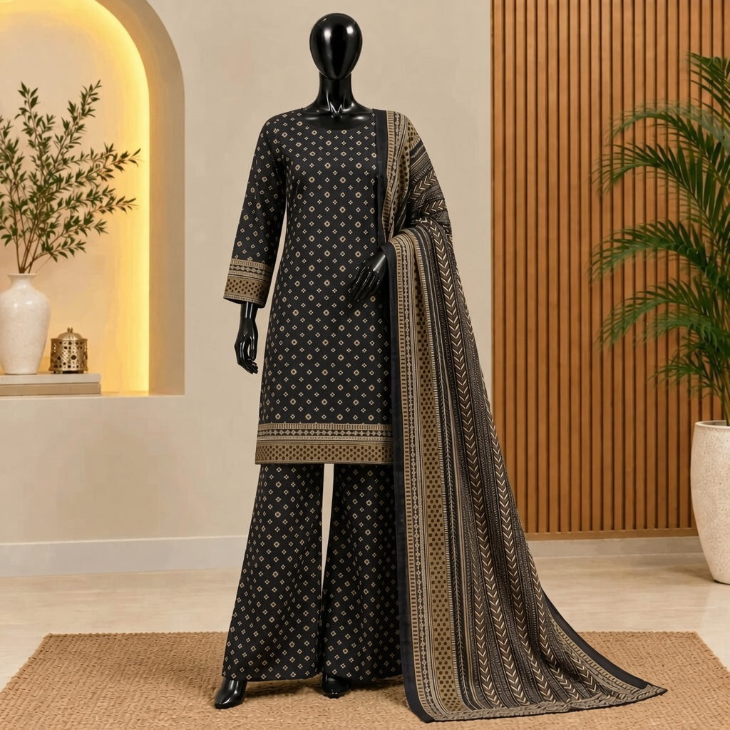 Black &amp; Beige Printed 3-Piece Suit | Bin Saeed 2026 
