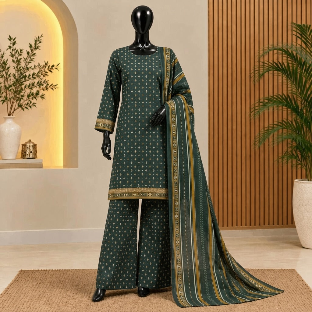 Bottle Green Printed Khaddar 3 Piece Suit | Bin Saeed 2026 