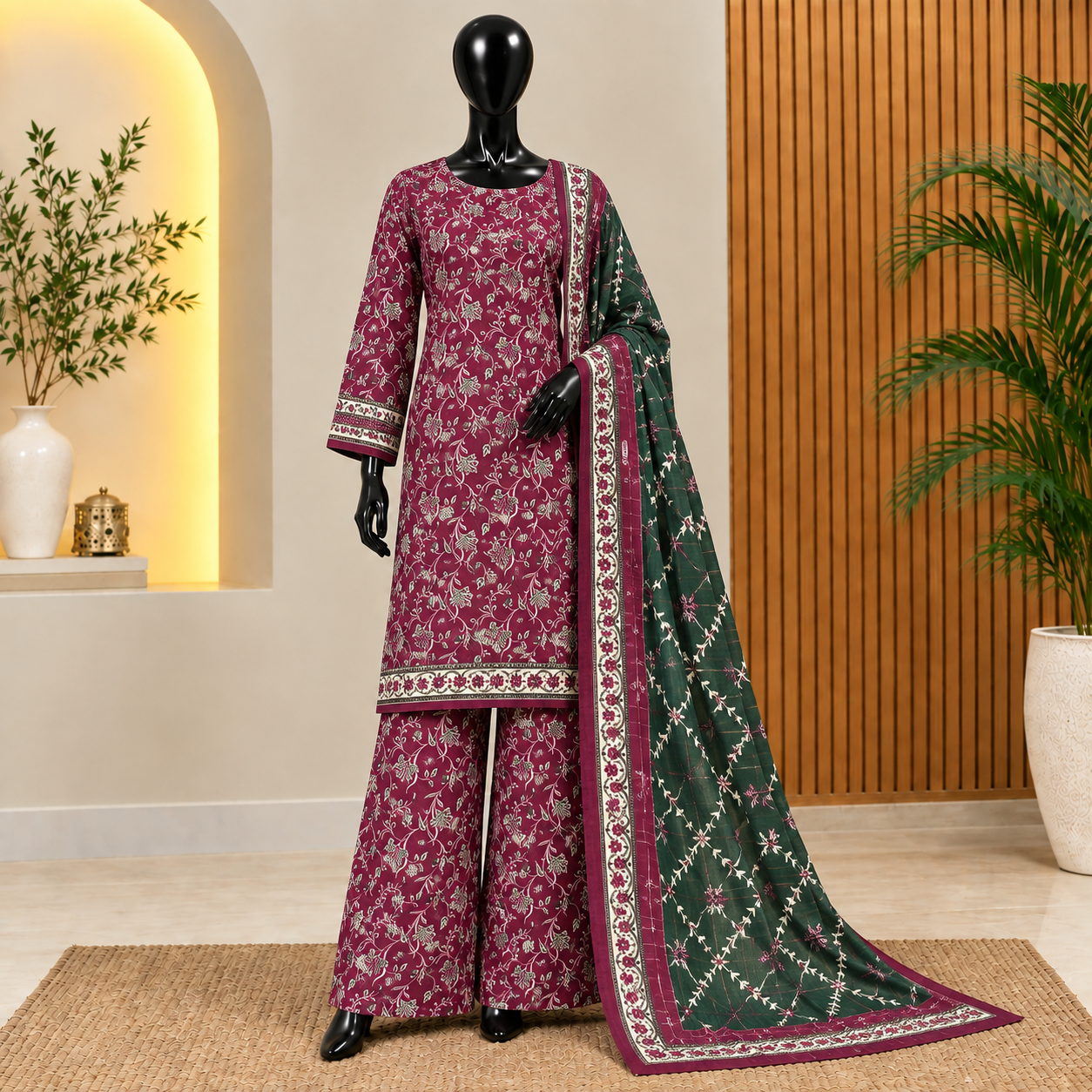 Burgundy Floral Print 3-Piece Khaddar Suit with Green Dupatta | Bin Saeed Khaddar Collection 2026