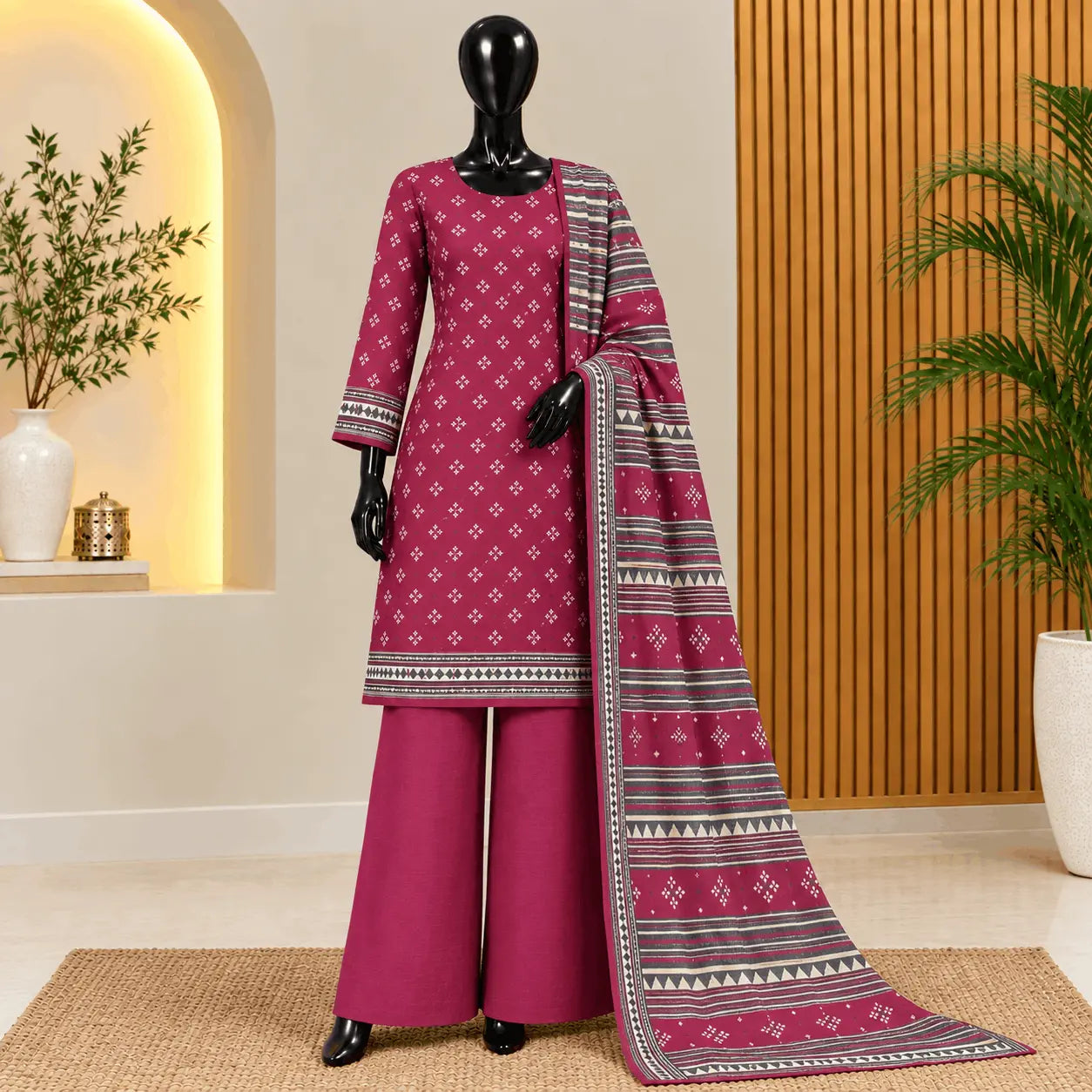 Burgundy Printed Khaddar 3 Piece Suit | Bin Saeed 2026