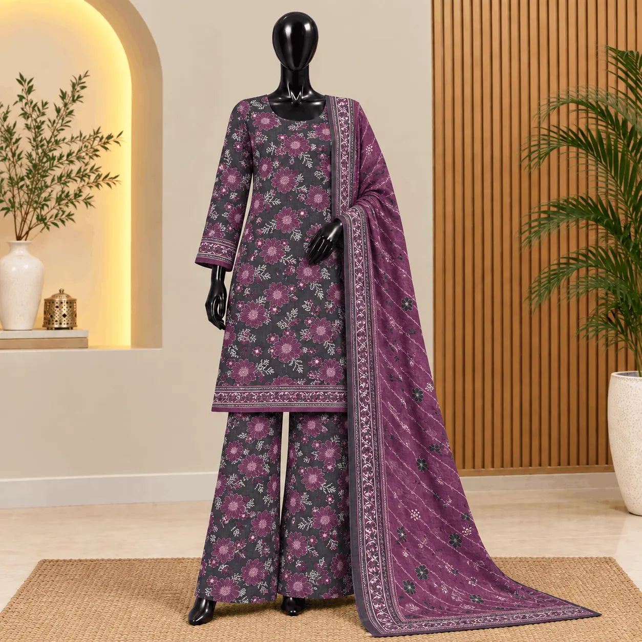 Charcoal Floral Khaddar 3 Piece Suit | Bin Saeed Winter 2026