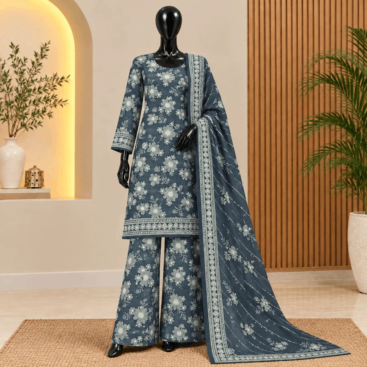 Bin Saeed Blue Floral Khaddar 3 Piece Suit 2026