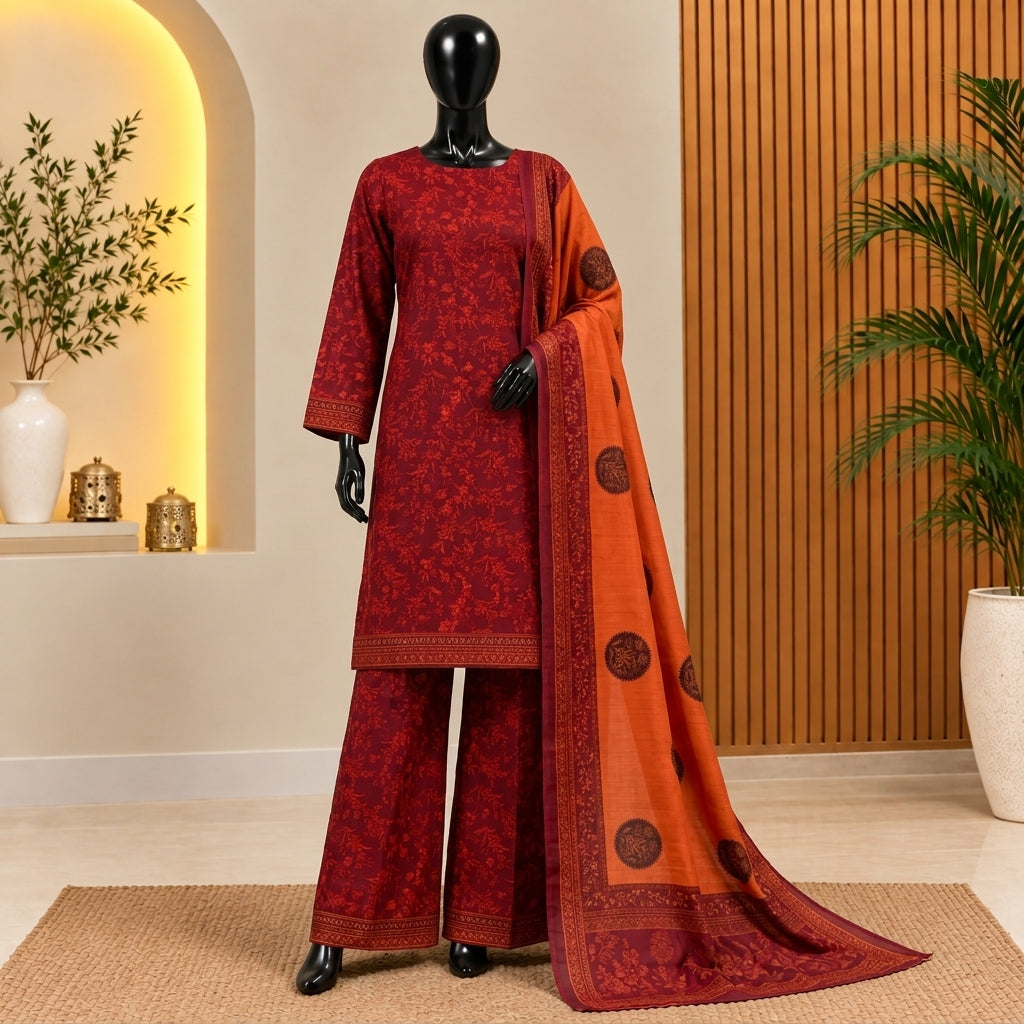 Crimson Red Floral 3-Piece Khaddar Suit with Rust Orange Dupatta | Bin Saeed Khaddar Collection 2026