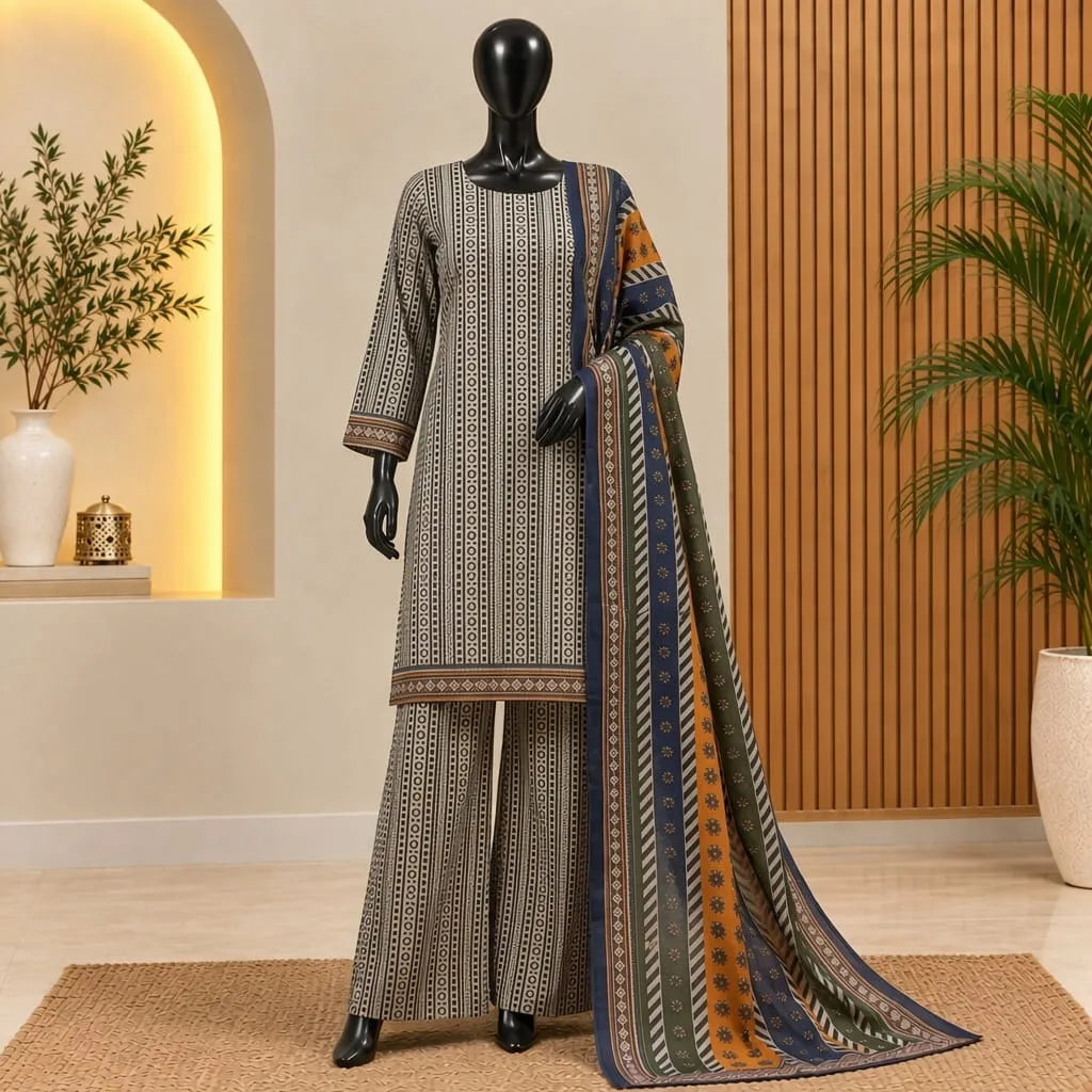 Geometric Print 3-Piece Khaddar Suit