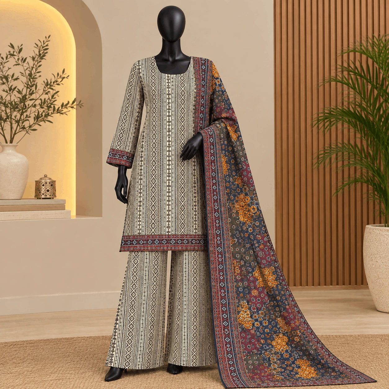 Ivory & Navy Printed Khaddar Suit | 3 Piece Winter Collection