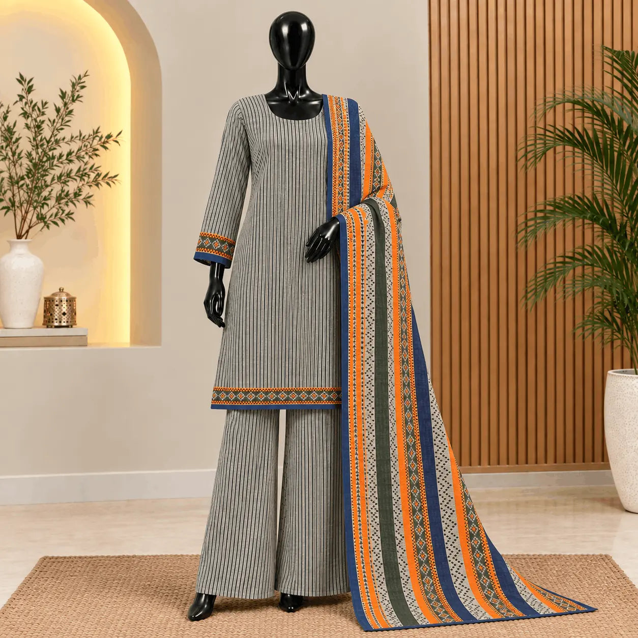 Ivory Stripe Khaddar 3-Piece Suit with Printed Dupatta| Bin Saeed 2026