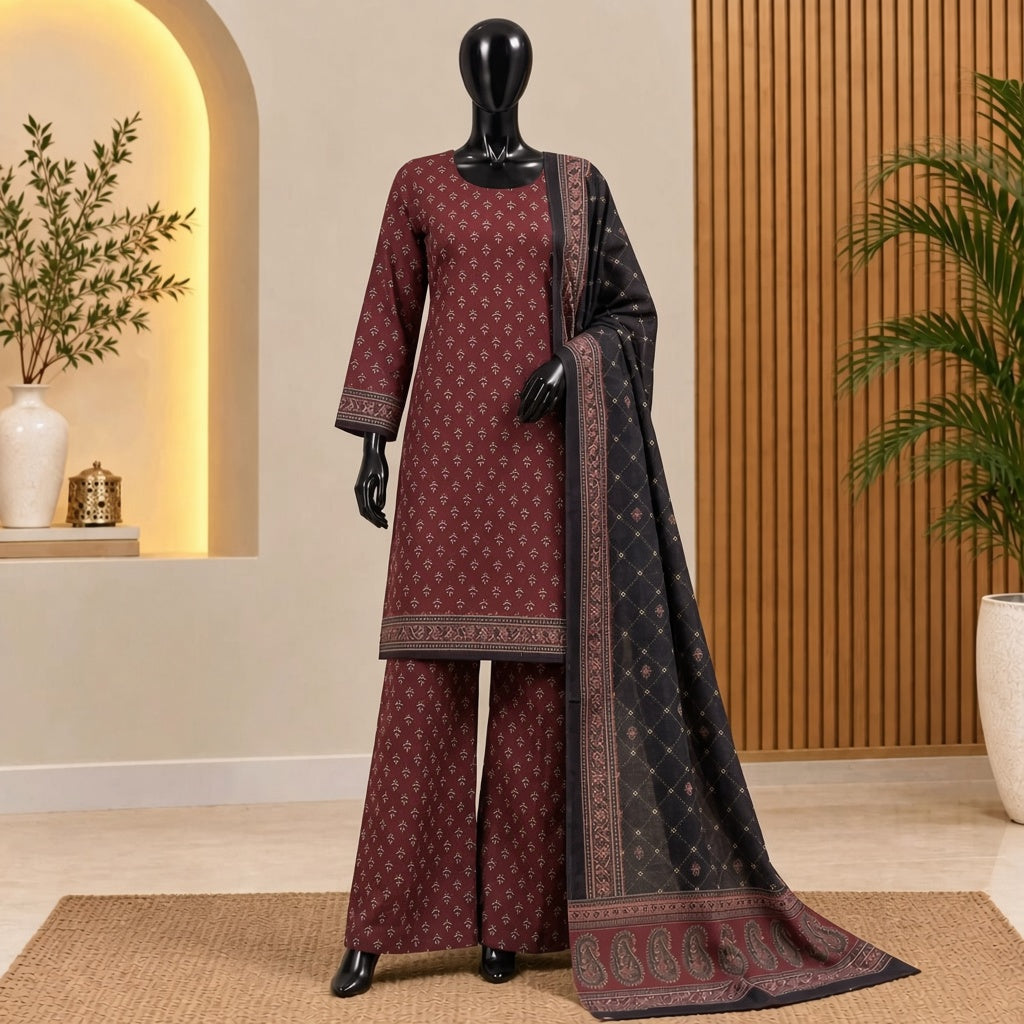 Maroon &amp; Black Printed 3-Piece Suit| Bin Saeed 2026 