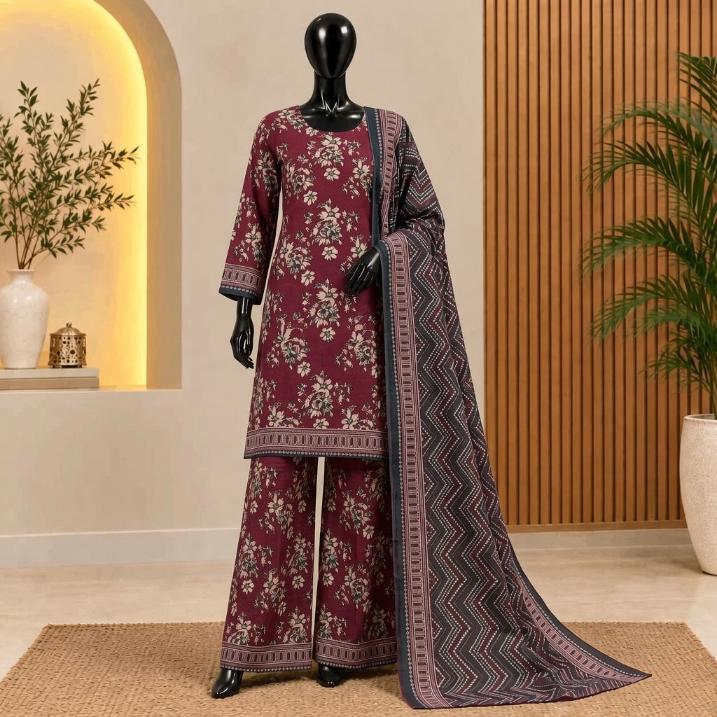 Maroon &amp; Black Printed 3-Piece Suit | Bin Saeed 2026 
