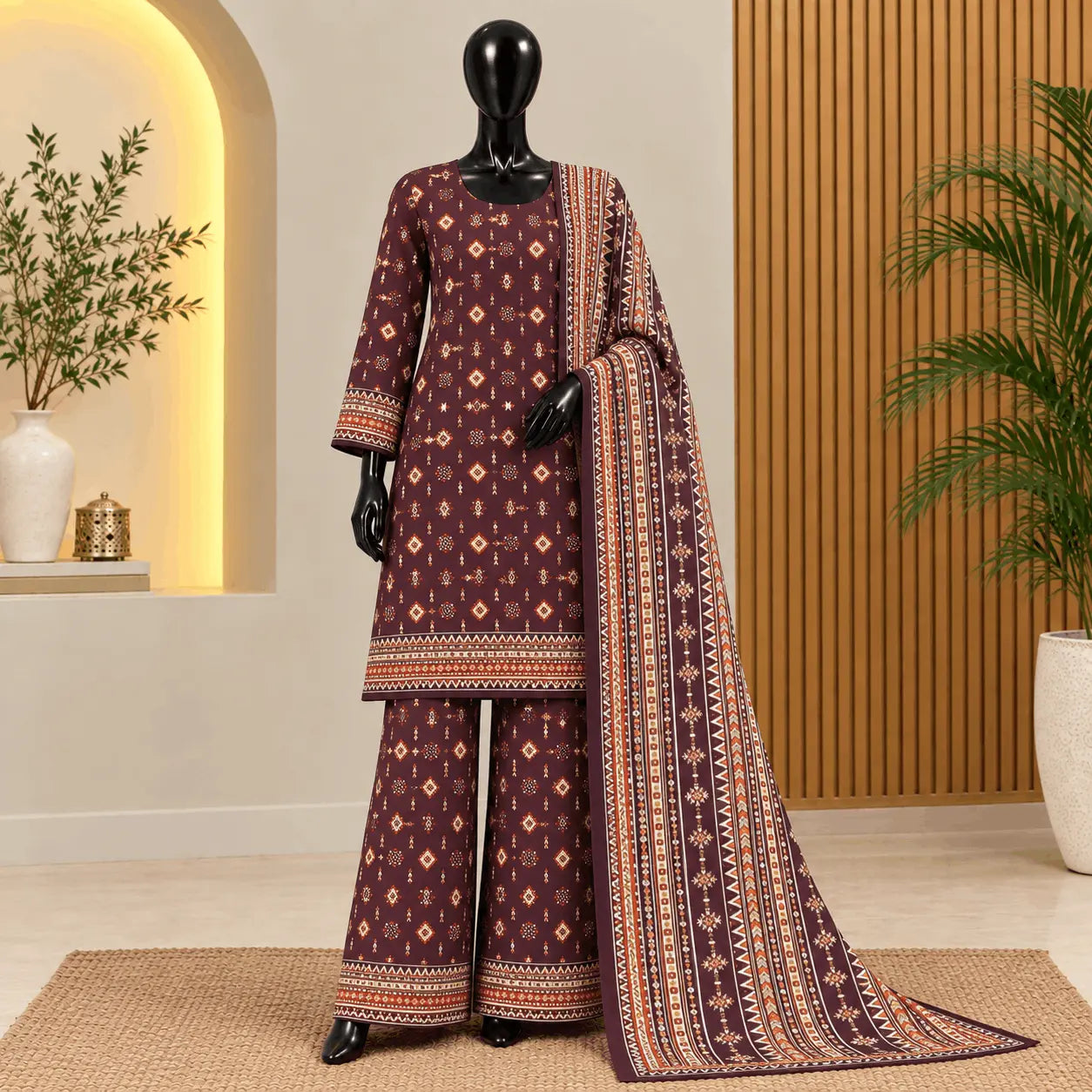 Maroon Geometric Printed Khaddar Suit | Bin Saeed Winter 2026