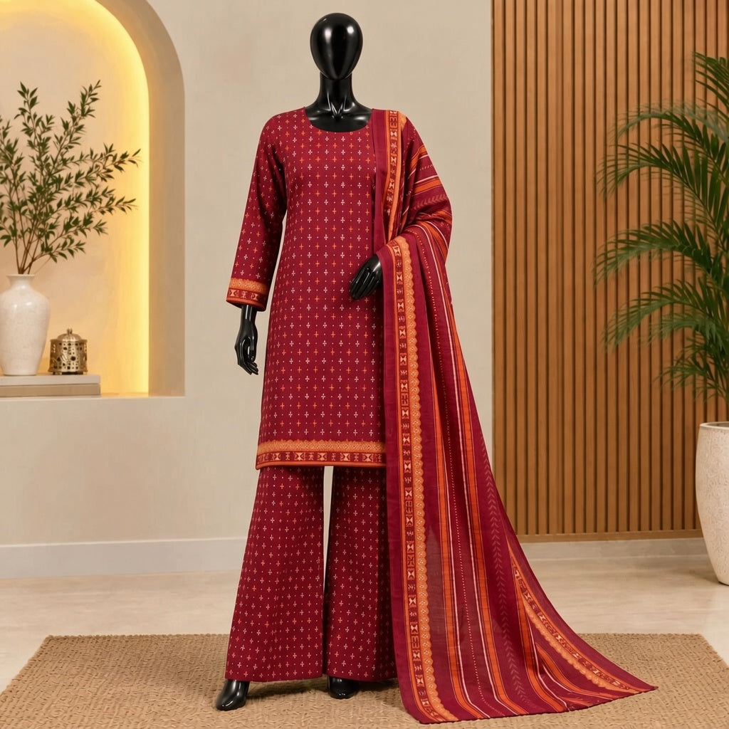 Maroon Printed Khaddar 3 Piece Suit | Bin Saeed 2026 