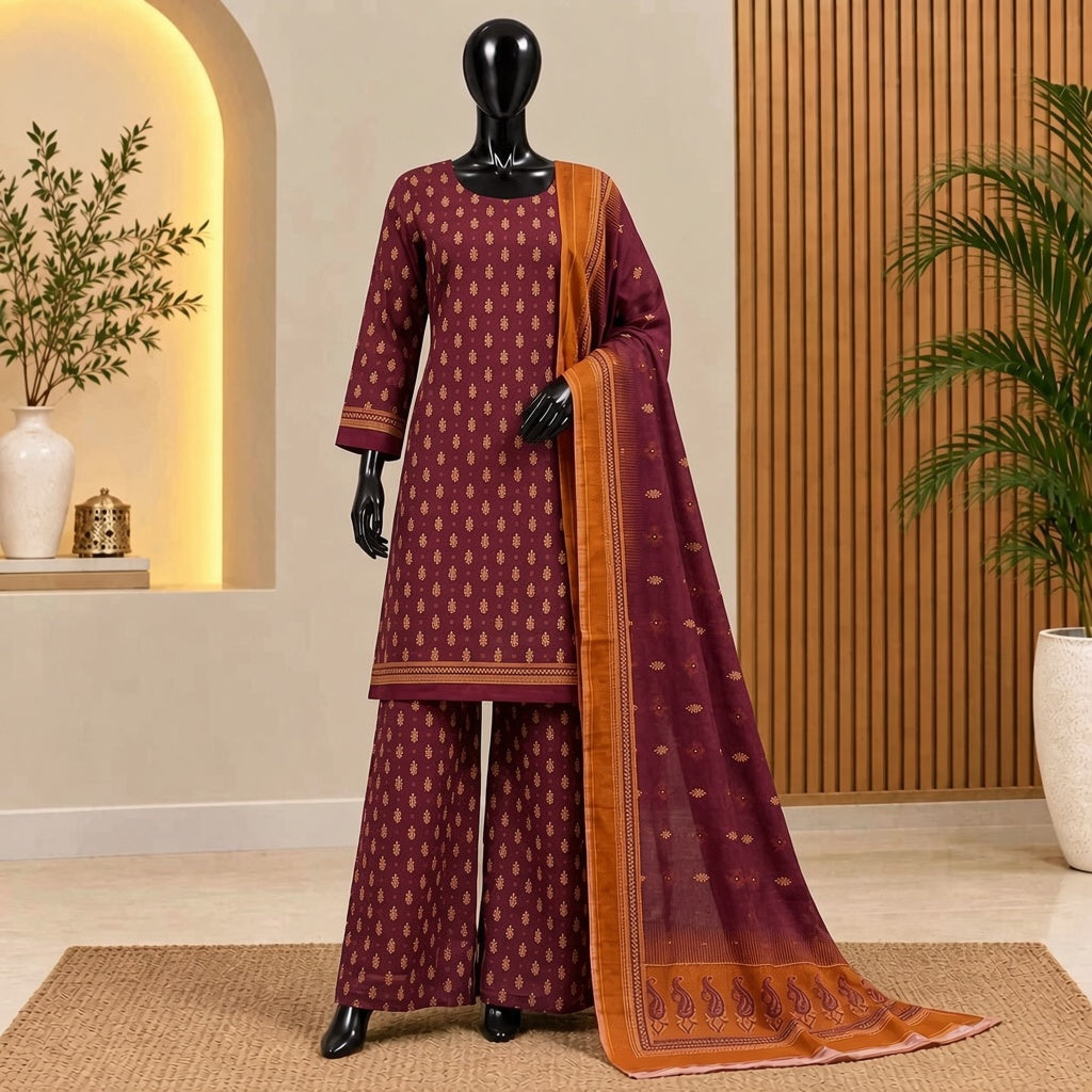 Maroon Printed Khaddar 3 Piece Suit with Mustard Dupatta| Bin Saeed 2026 