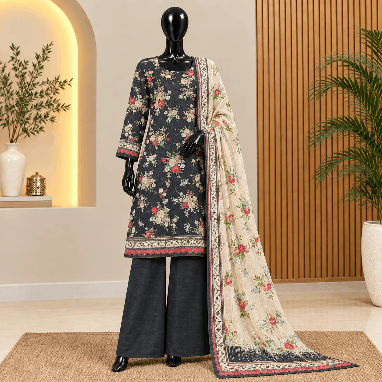 Midnight Bloom Printed Khaddar 3-Piece Suit| Bin Saeed 2026