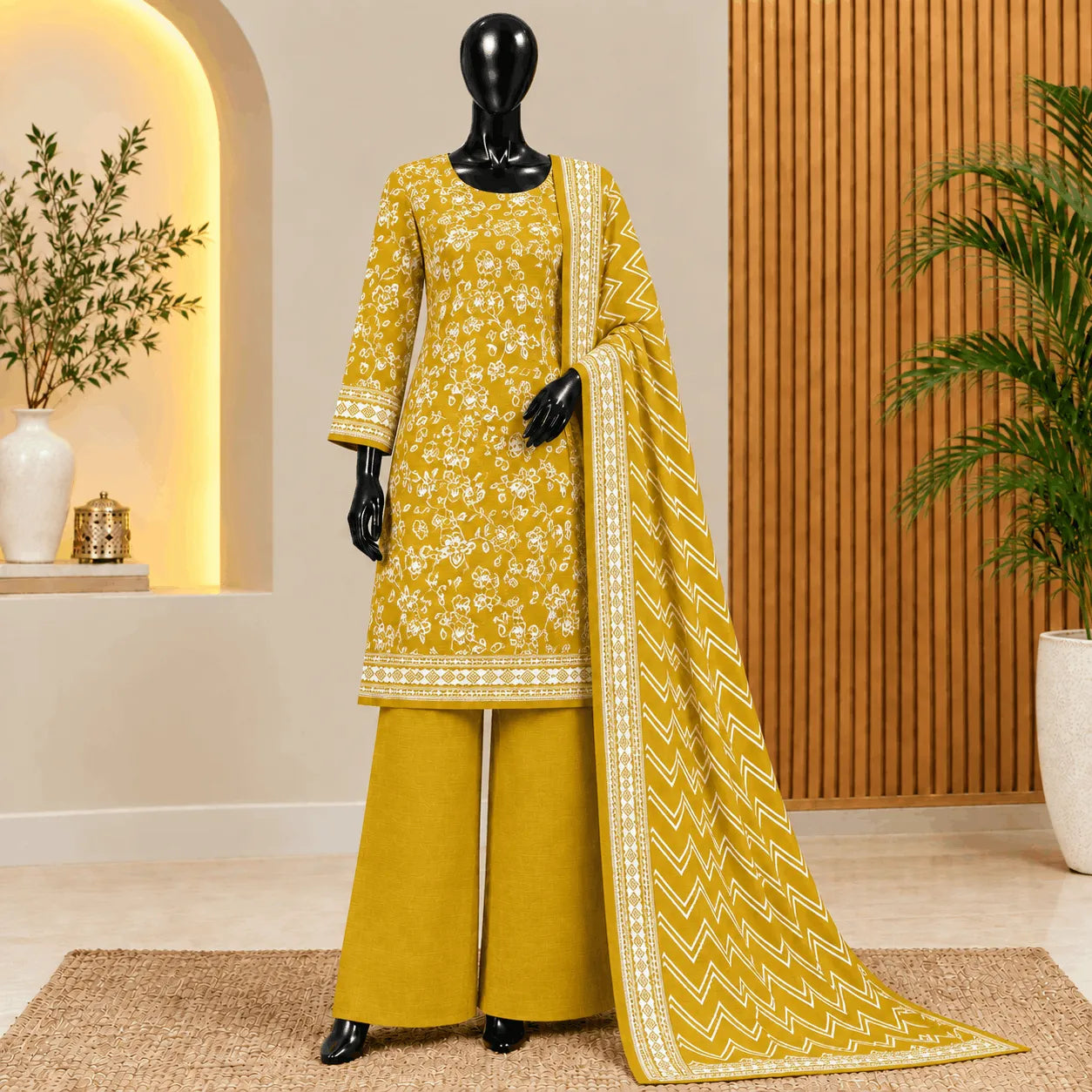 Mustard Floral Print 3-Piece Khaddar Suit| Bin Saeed 2026