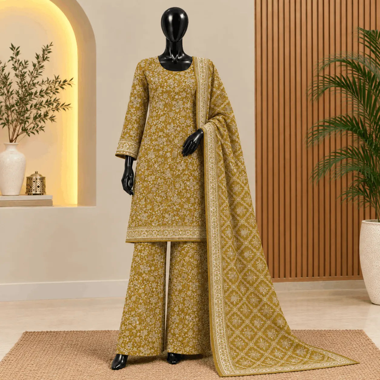 Mustard Floral Print Khaddar Suit | Bin Saeed 2026