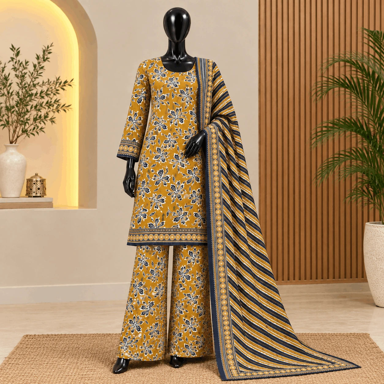 Mustard Printed Khaddar 3 Piece Suit | Winter Collection 2026