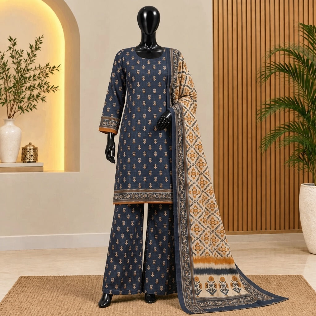 Navy Blue &amp; Beige Printed 3-Piece Suit | Bin Saeed 2026 