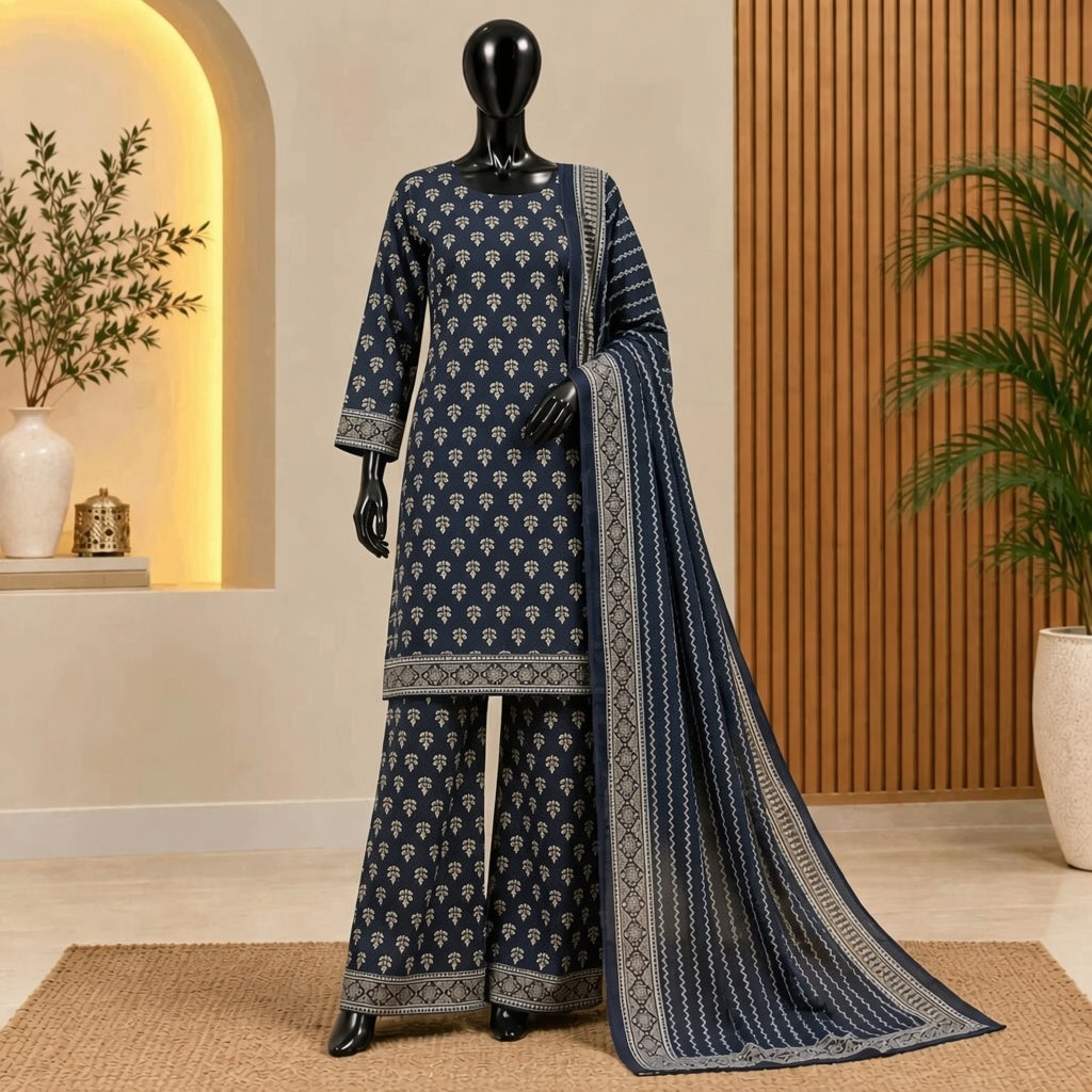 Navy Blue Floral Printed Khaddar 3 Piece Suit | Bin Saeed 2026 