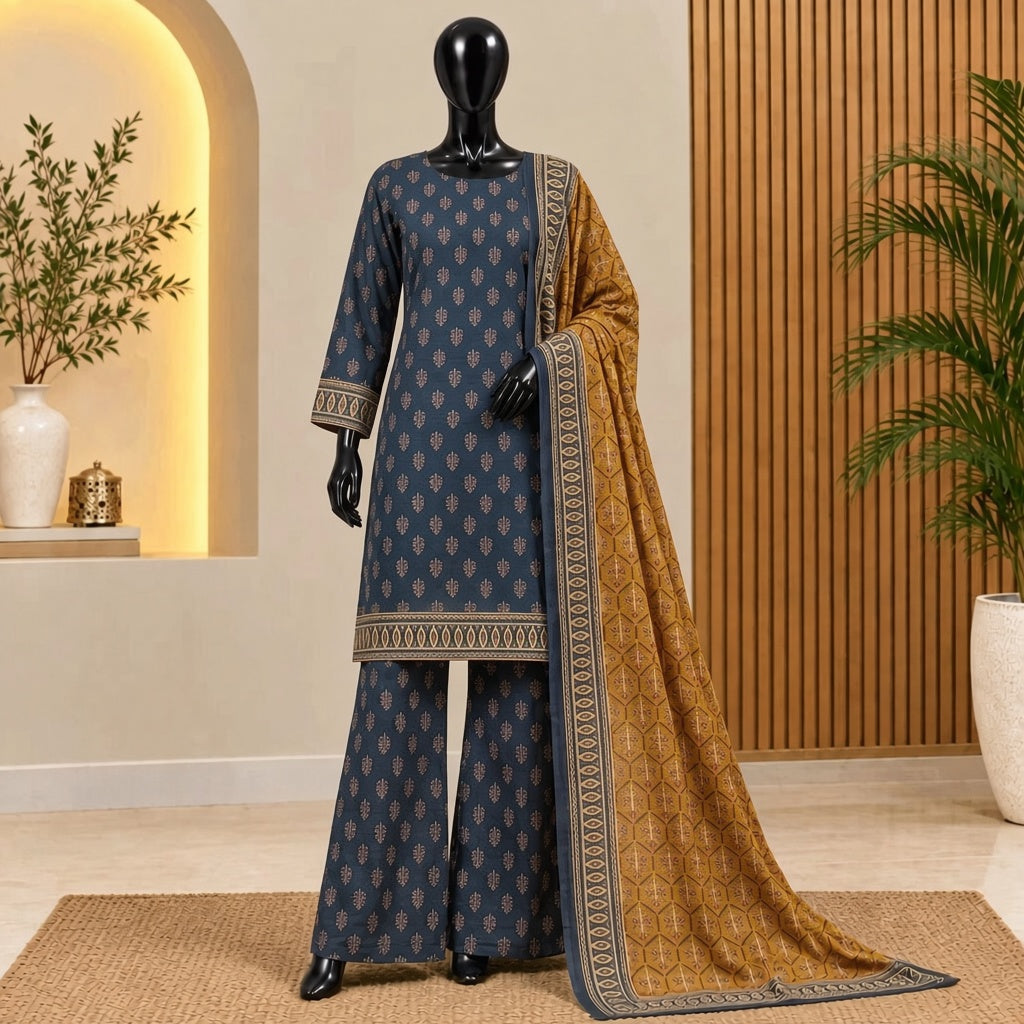 Navy Blue &amp; Mustard Printed Khaddar 3 Piece Suit| Bin Saeed 2026 