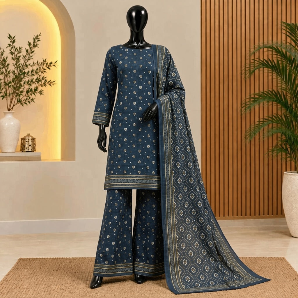 Navy Blue Printed Khaddar 3 Piece Suit | Bin Saeed 2026