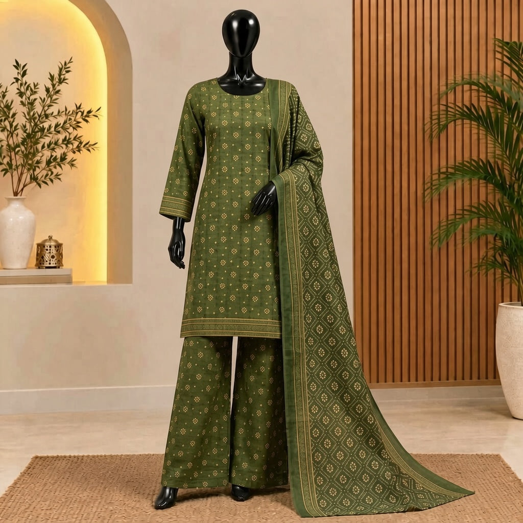 Olive Green Floral Print 3-Piece Khaddar Suit | Bin Saeed Khaddar Collection 2026
