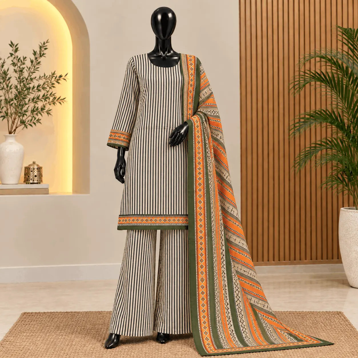 Olive Stripe Printed Khaddar 3 Piece Suit | Bin Saeed 2026