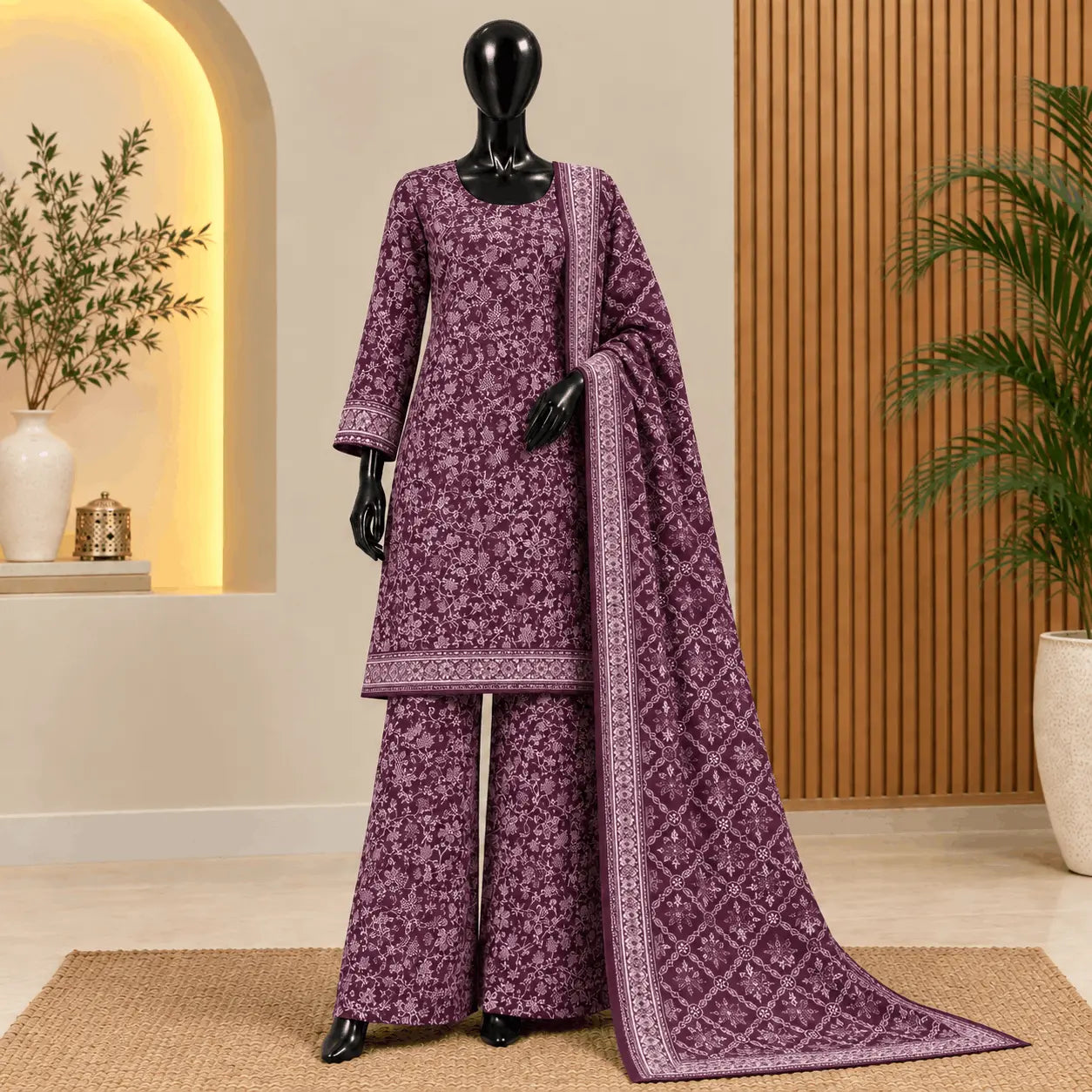 Plum Floral Print 3-Piece Khaddar Suit| Bin Saeed 2026