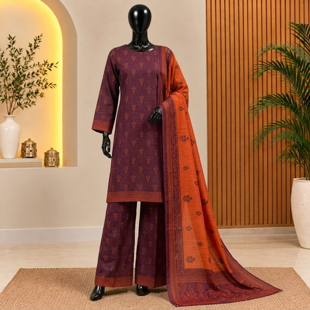 Plum &amp; Rust Orange Printed 3 Piece Khaddar Suit – Winter Collection 2026