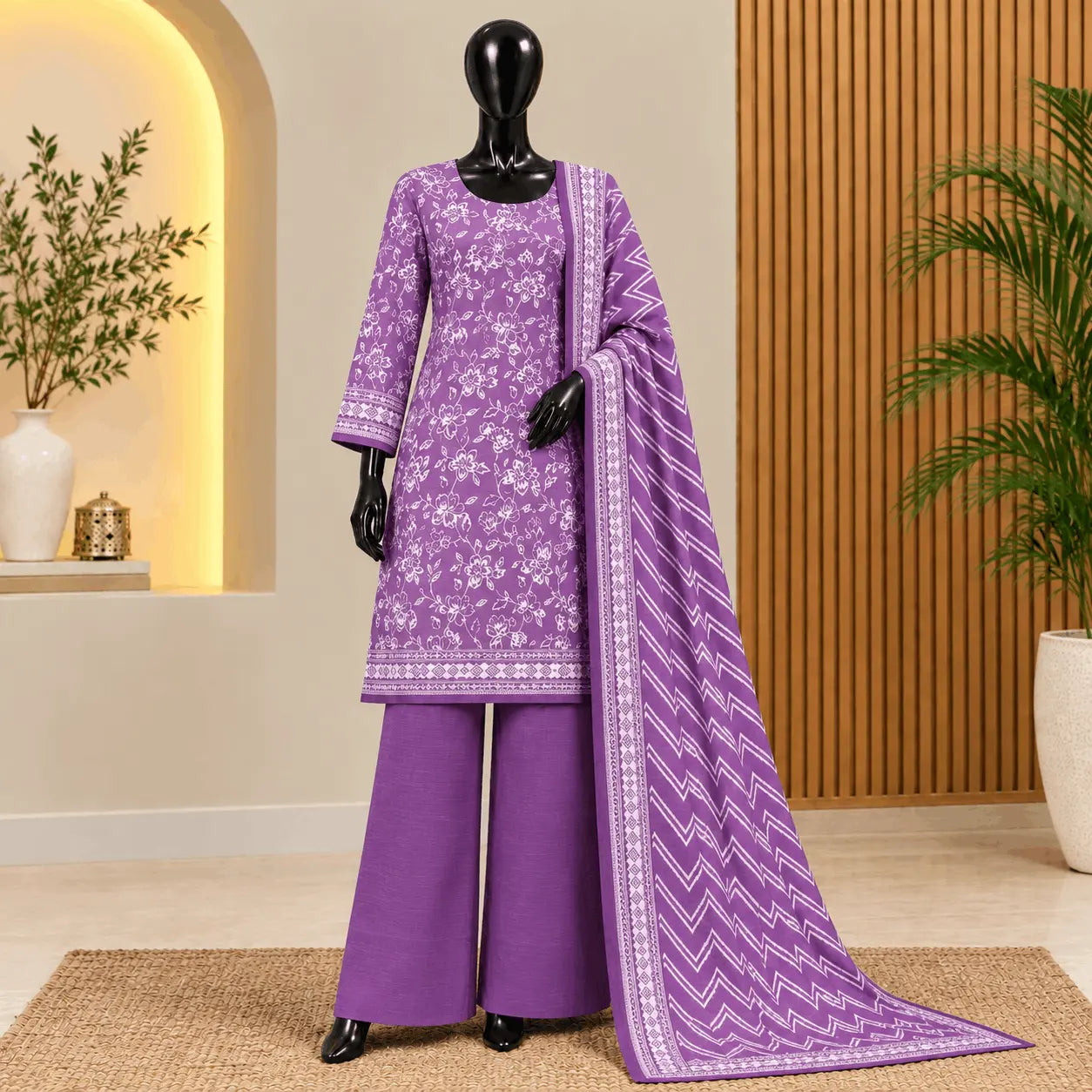 Purple Floral Printed Khaddar 3 Piece Suit | Bin Saeed Winter Collection 2026