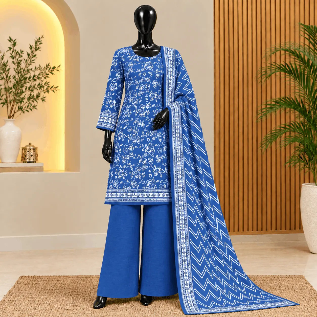 Royal Blue Floral Khaddar 3 Piece Suit | Bin Saeed Collection 2026