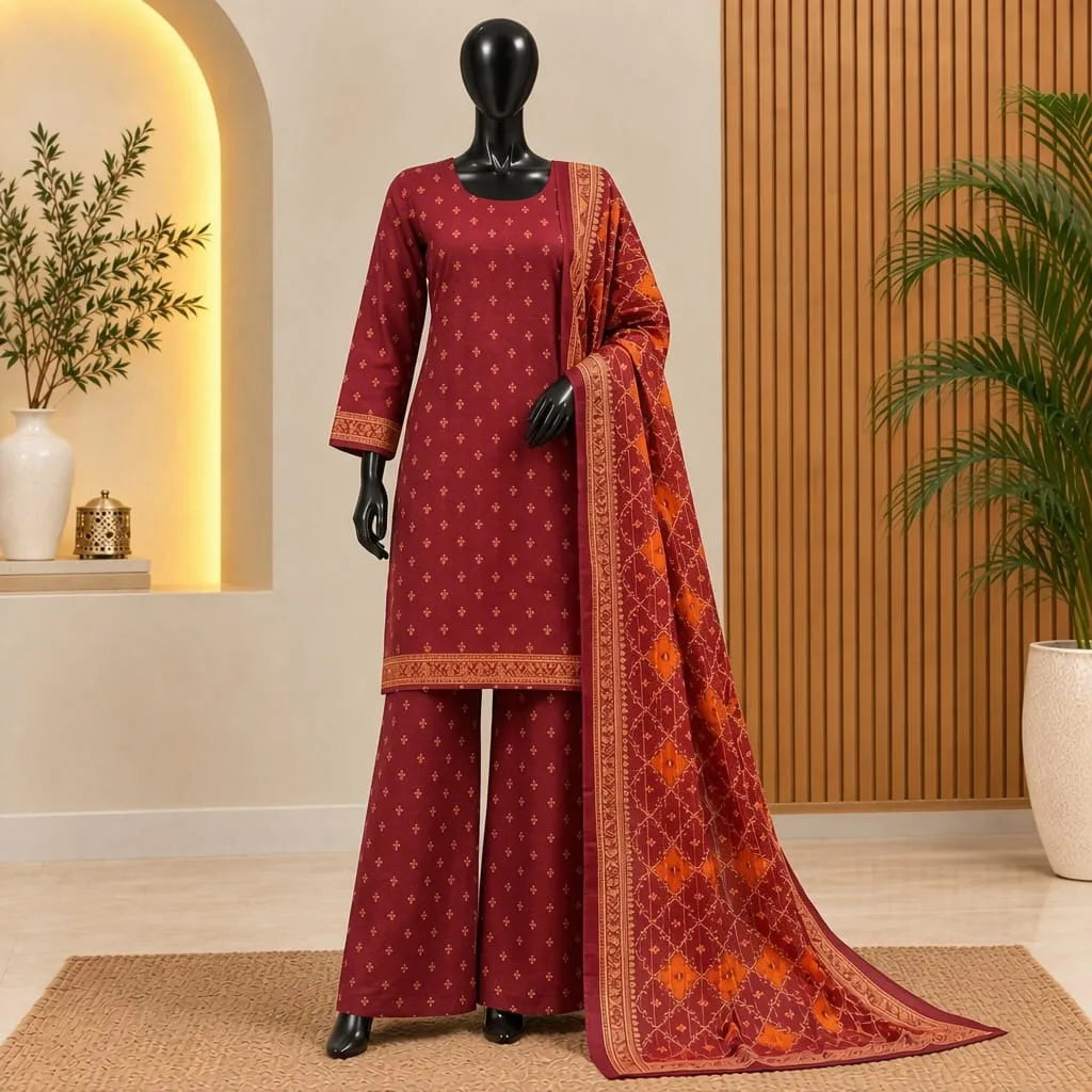 Ruby Ember Printed Khaddar 3-Piece Suit|