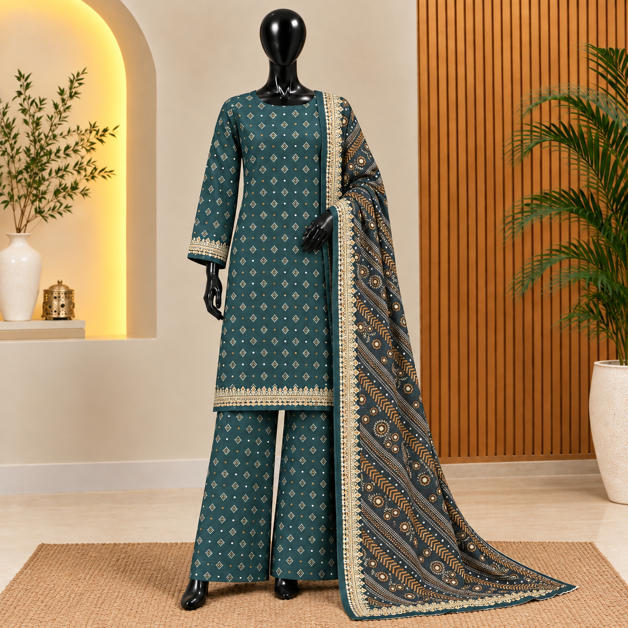 Teal Blue Diamond Print 3-Piece Khaddar Suit with Patterned Dupatta | Bin Saeed Khaddar Collection 2026
